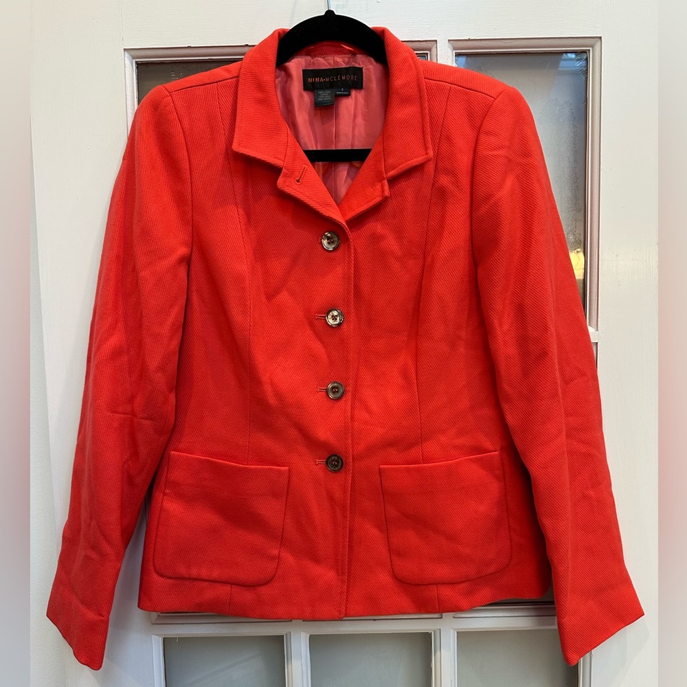 Nina Mclemore Scarlet Red Orange 100% Wool Silk Women's Blazer Jacket Size 2 XS